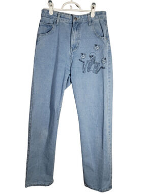 Romwe Jeans Women Skeleton Halloween 5 Pocket Acid Wash Denim SZ S